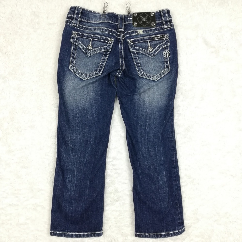 Miss Me Womens Jeans Crop Blue Denim Flap Pocket Dark Wash Whiskering 27